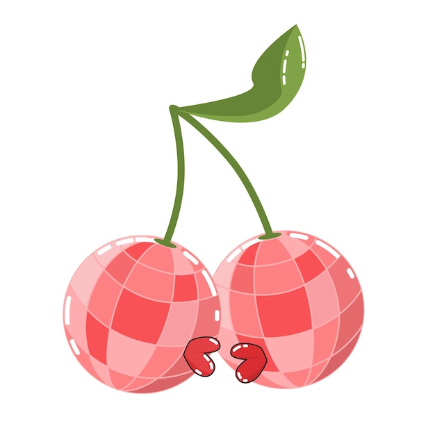 Ilustración vectorial de bolas de discoteca en forma de cerezas beso para el día de San Valentín en dibujos animados planos