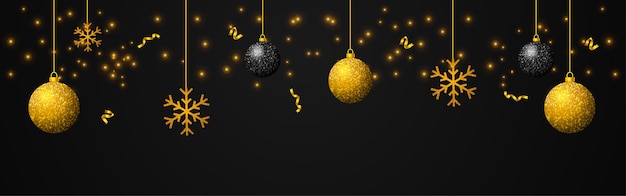 Ilustración vectorial de bolas de Navidad colgantes con copos de nieve y fondo de efecto brillo