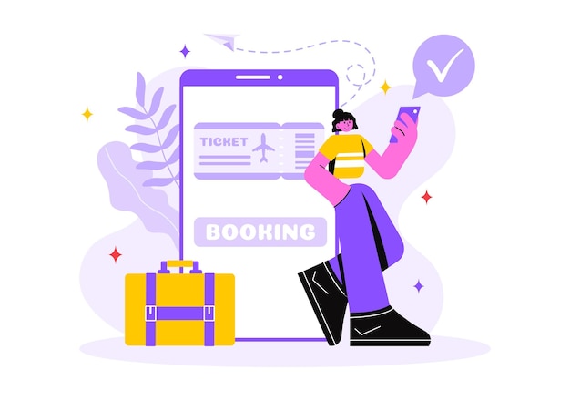 Ilustración vectorial de boletos de viaje en línea a través de una aplicación de proveedor de transporte y viajes para reservar en un fondo de dibujos animados de estilo plano