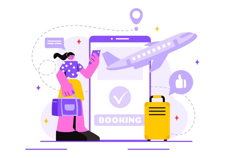 Vector ilustración vectorial de boletos de viaje en línea a través de una aplicación de proveedor de transporte y viajes para reservar en un fondo de dibujos animados de estilo plano