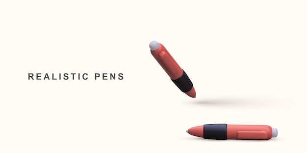 Ilustración vectorial de bolígrafos rojos realistas en 3D sobre fondo blanco