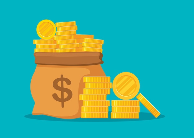 Ilustración vectorial de la bolsa de dinero y la pila de monedas de oro