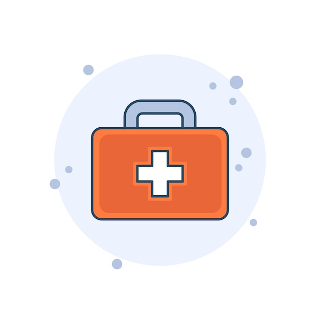 Ilustración vectorial de bolsa médica de dibujos animados Kit de primeros auxilios en fondo de burbujas Concepto de signo de médico