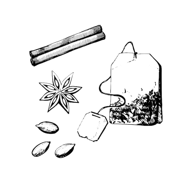 Ilustración vectorial Bolsa de té cardamomo anís estrella canela dibujada en vector sobre un fondo blanco
