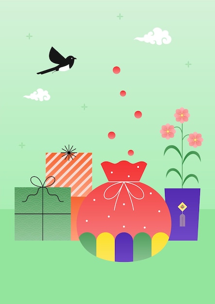 Ilustración vectorial de un bolsillo de la suerte y regalos navideños coreanos