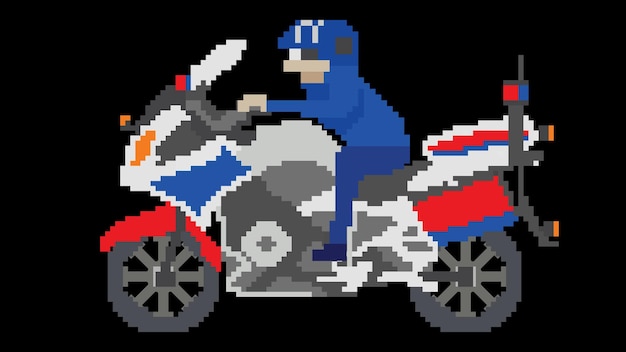 Una ilustración vectorial de bombero en motocicleta con 8 bits. Una motocicleta diseñada en 8 píxeles.