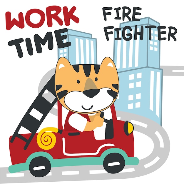 Ilustración vectorial de un bombero tigre divertido en un camión de bomberos Fondo infantil vectorial creativo para carteles de tarjetas de papel tapiz de vivero de telas textiles y otras decoraciones