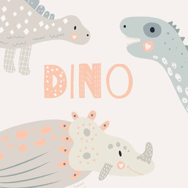 Ilustracion vectorial Bonito estampado infantil con dinosaurio. Triceratops, diplodocus, stegosaurus. Color pastel. Para camisetas infantiles, carteles, pancartas, tarjetas de felicitación.