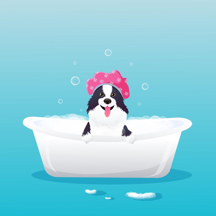 Ilustración vectorial Border collie con gorro de ducha tomando un baño de burbujas