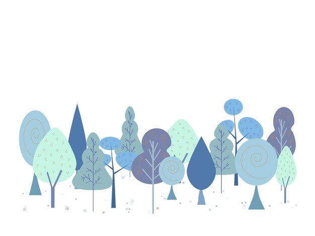 Ilustración vectorial de un bosque con árboles y arbustos en color azul
