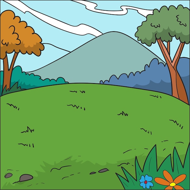 Vector ilustración vectorial bosque de fondo coloreado y montañas