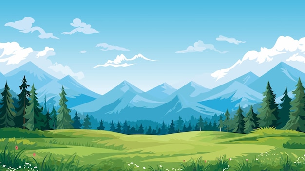 Ilustración vectorial de bosque verde prado fondo de montaña