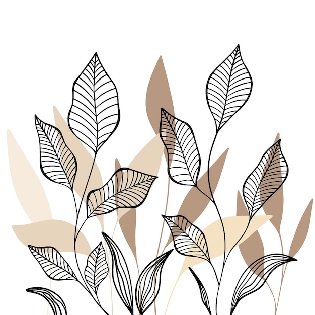 Ilustración vectorial botánica minimalista de moda como composición de arte de líneas abstractas con hojas beige