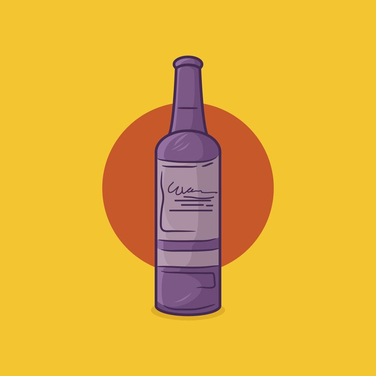 Vector ilustración vectorial de una botella de bebida púrpura sobre un fondo amarillo