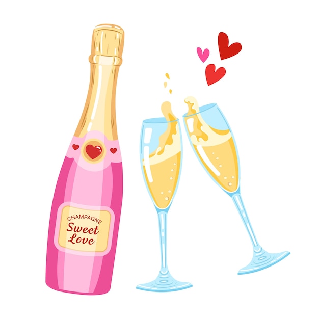 Ilustración vectorial de botella de champán rosa y copas para el día de san valentín vino espumoso festivo