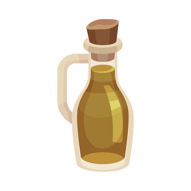 Ilustración vectorial de la botella de vidrio de aceite de oliva como ingrediente culinario de alimentos saludables orgánicos