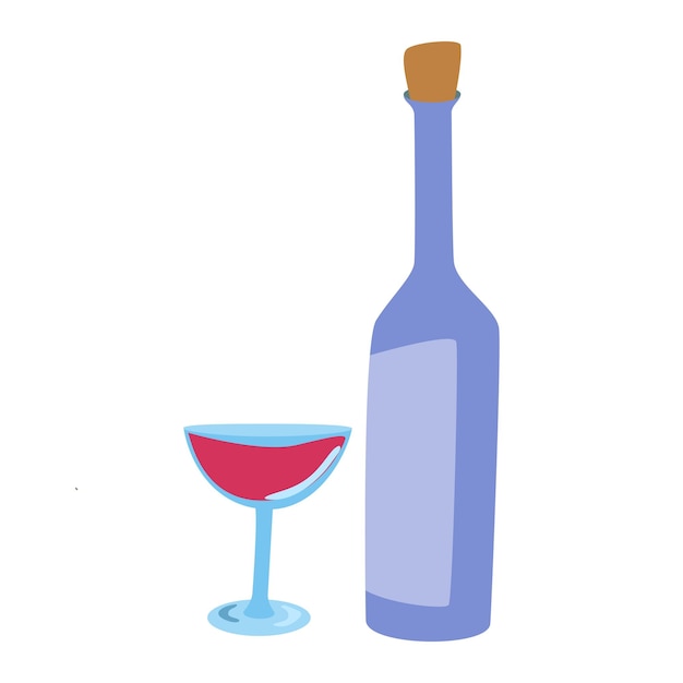 Ilustración vectorial de una botella de vino y una copa de vino sobre un fondo blanco