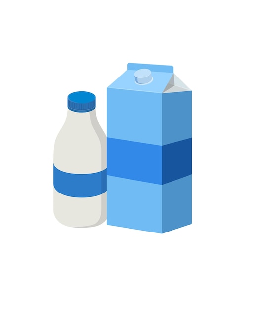 Ilustración vectorial de botellas de leche y cajas de cartón