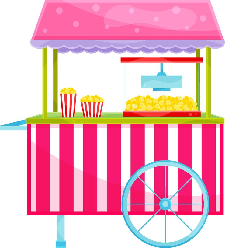Vector ilustración vectorial brillante de una máquina de palomitas de maíz, un carro de palomitas de maíz, un bocadillo de comida callejera