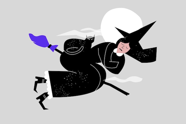 Ilustración vectorial de una bruja dormida volando en una escoba de la noche de luna con su gato negro