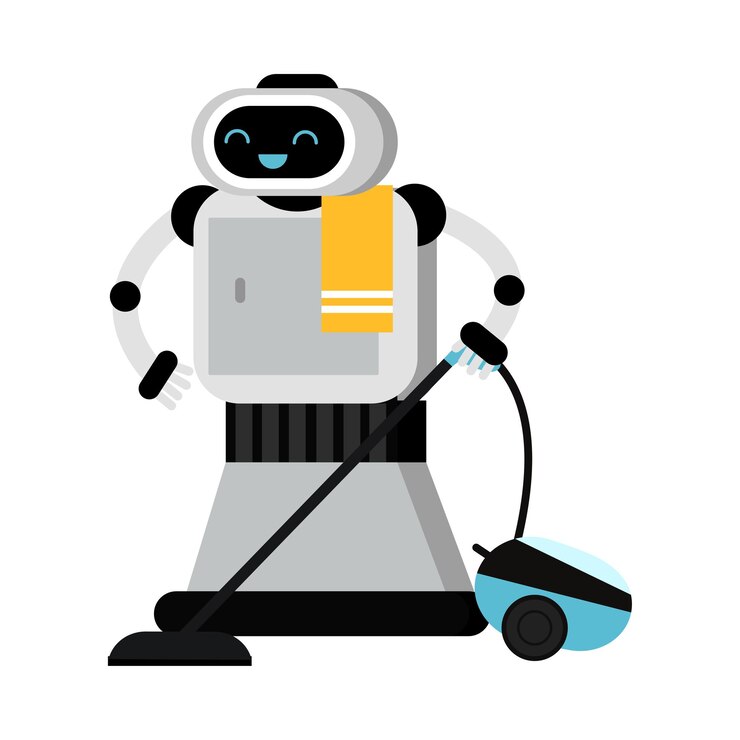 Vector ilustración vectorial de un buen asistente doméstico robótico que aspira
