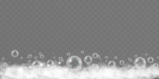 Ilustración vectorial de burbujas de aire y espuma de jabón sobre un fondo transparente