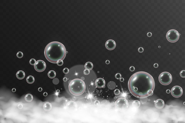 Ilustración vectorial de burbujas de aire y espuma de jabón sobre un fondo transparente
