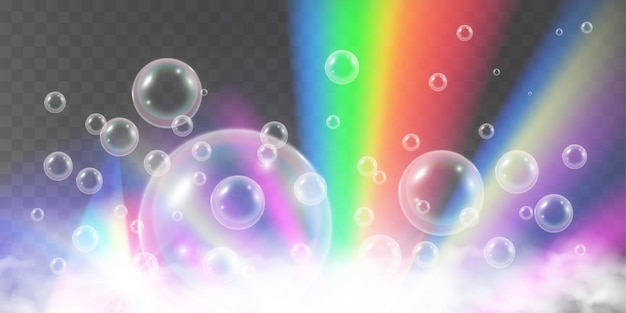 Ilustración vectorial de burbujas de aire y espuma de jabón sobre un fondo transparente