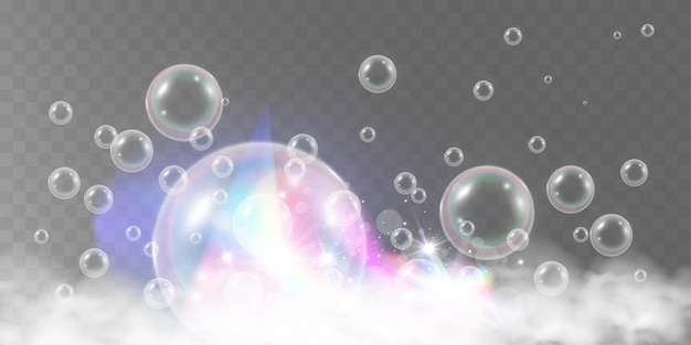 Vector ilustración vectorial de burbujas de aire y espuma de jabón sobre un fondo transparente