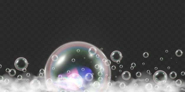 Ilustración vectorial de burbujas de aire y espuma de jabón sobre un fondo transparente