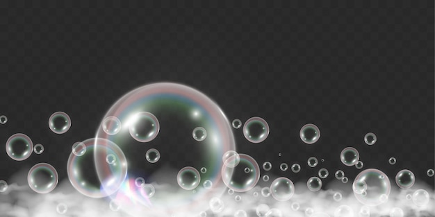 Ilustración vectorial de burbujas de aire y espuma de jabón sobre un fondo transparente