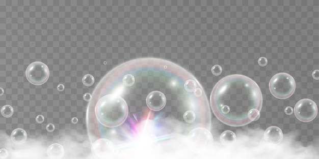 Ilustración vectorial de burbujas de aire y espuma de jabón sobre un fondo transparente