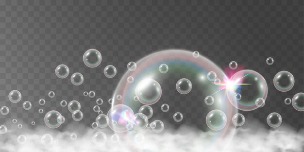 Ilustración vectorial de burbujas de aire y espuma de jabón sobre un fondo transparente