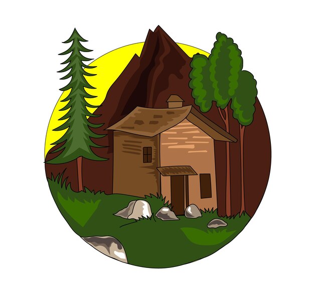 Una ilustración vectorial de una cabaña con un árbol en primer plano.