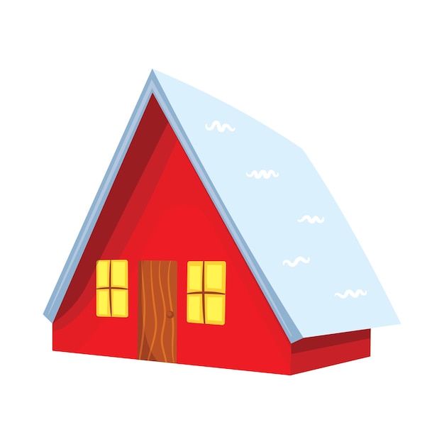 Ilustración vectorial de una cabaña de invierno roja con techo cubierto de nieve