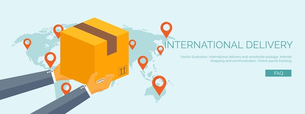 Ilustración vectorial cabecera plana entrega internacional en todo el mundo franqueo correo electrónico compras en línea