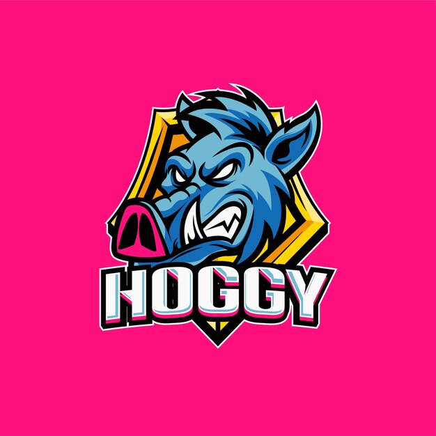 Ilustración vectorial Cabeza de cerdo en vista lateral con texto HOGGY Logotipo de Esport