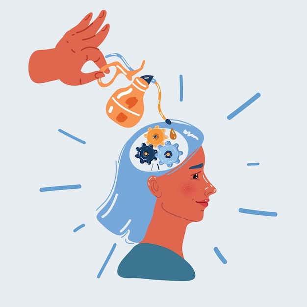 Ilustración vectorial de la cabeza y el cerebro los engranajes necesitan arreglarse o necesitan aceleración