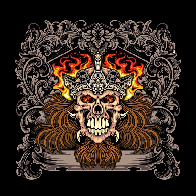 Ilustración vectorial de la cabeza del cráneo con el ornamento del marco