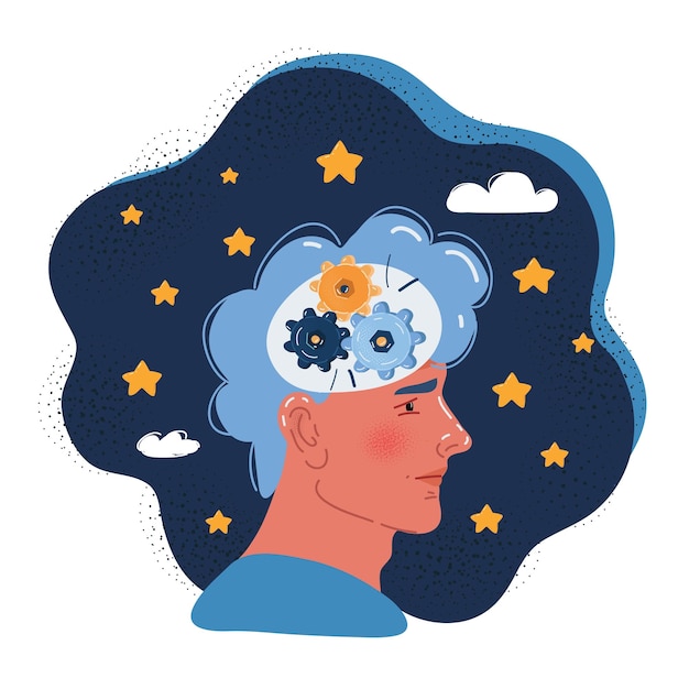 Ilustración vectorial de cabeza humana con engranajes cabeza pensando sobre fondo oscuro