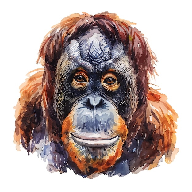 Ilustración vectorial de la cabeza de orangután en estilo acuarela