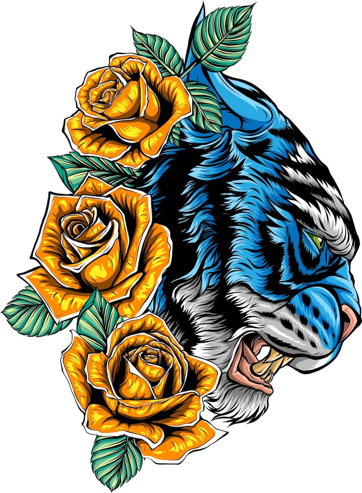 Vector ilustración vectorial de la cabeza de tigre rugiente y el tatuaje de rosas