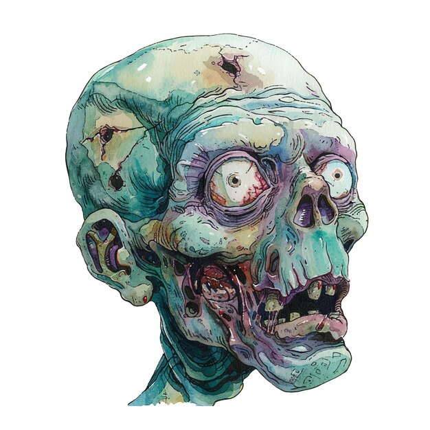 Ilustración vectorial de la cabeza de zombi en estilo acuarela