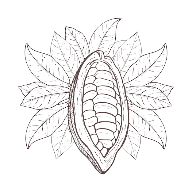 Ilustración vectorial de cacao crudo abierto con frijol sin pelar y hojas de cacao contorno negro de círculo de hojas