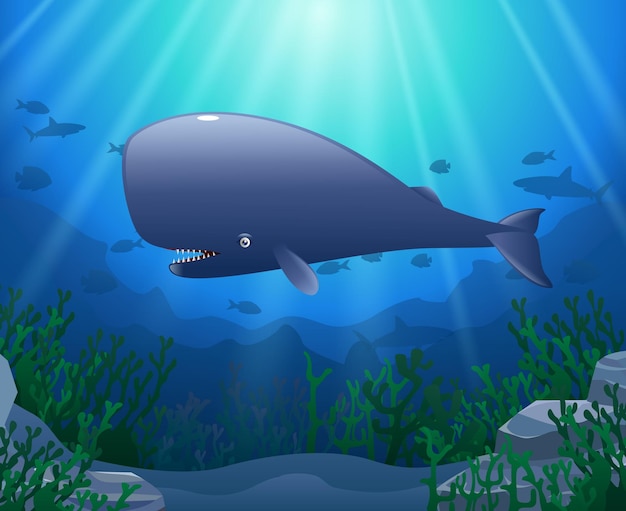 Ilustración vectorial de un cachalote de dibujos animados nadando en el mar