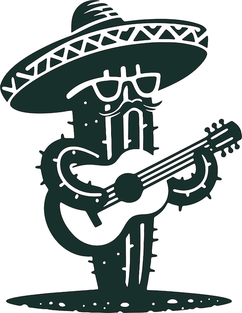 Ilustración vectorial de un cactus en sombrero tocando la guitarra