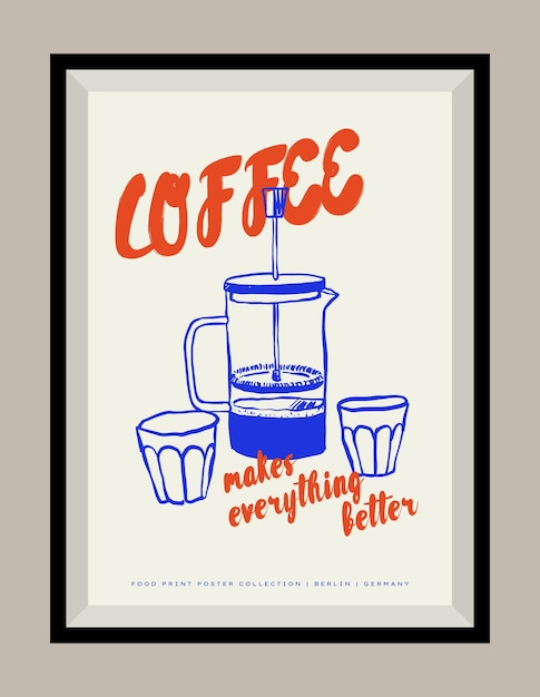 Ilustración vectorial de café minimalista dibujada a mano en una plantilla de marco de póster