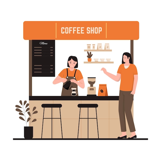 Vector ilustración vectorial de la cafetería de la calle con mujeres baristas haciendo café