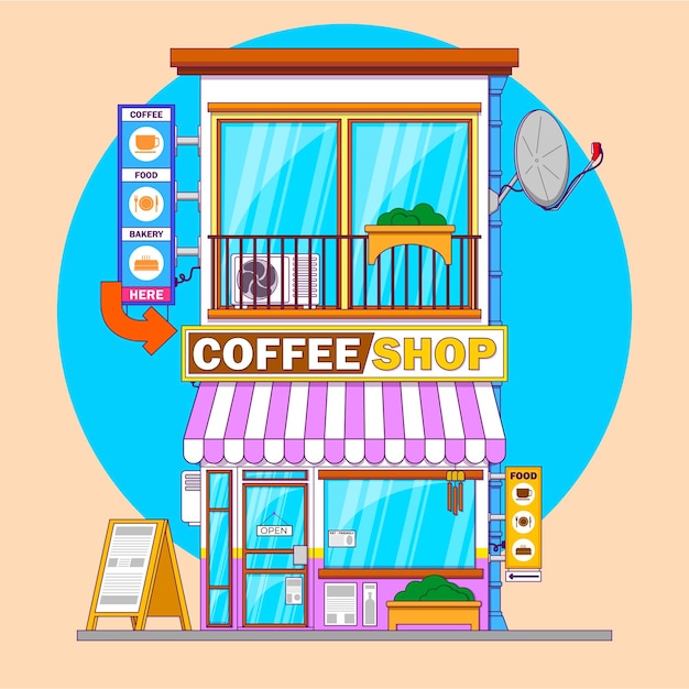 Ilustración vectorial de una cafetería con señales