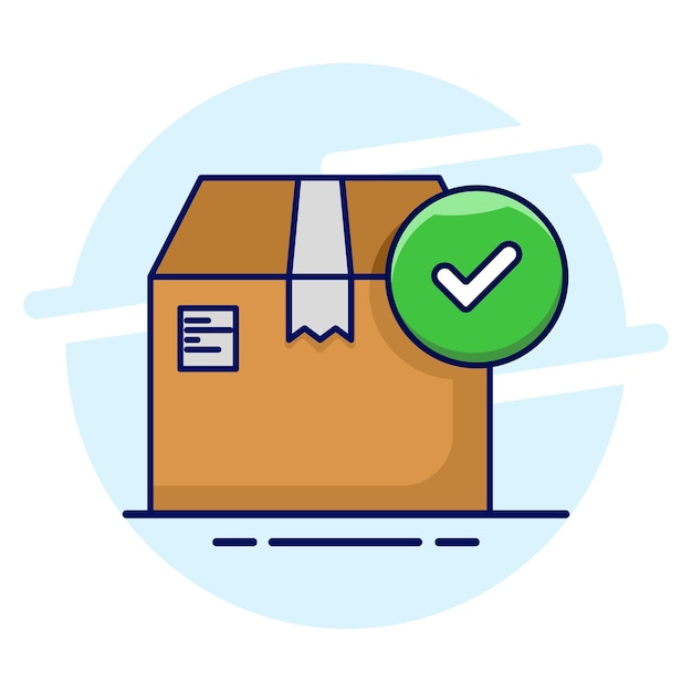 Ilustración vectorial de una caja de cartón con marca de comprobación o pedido entregado o entrega confirmada